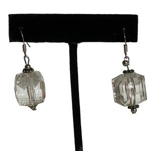 Clear Block Bead & Silver-tone Drop Pierced Earrings